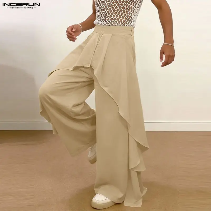 INCERUN Men's Pants Solid Color Ruffle Loose Joggers Wide Leg Pants For Man Streetwear 2026 Fashion Casual Pantalones Trousers