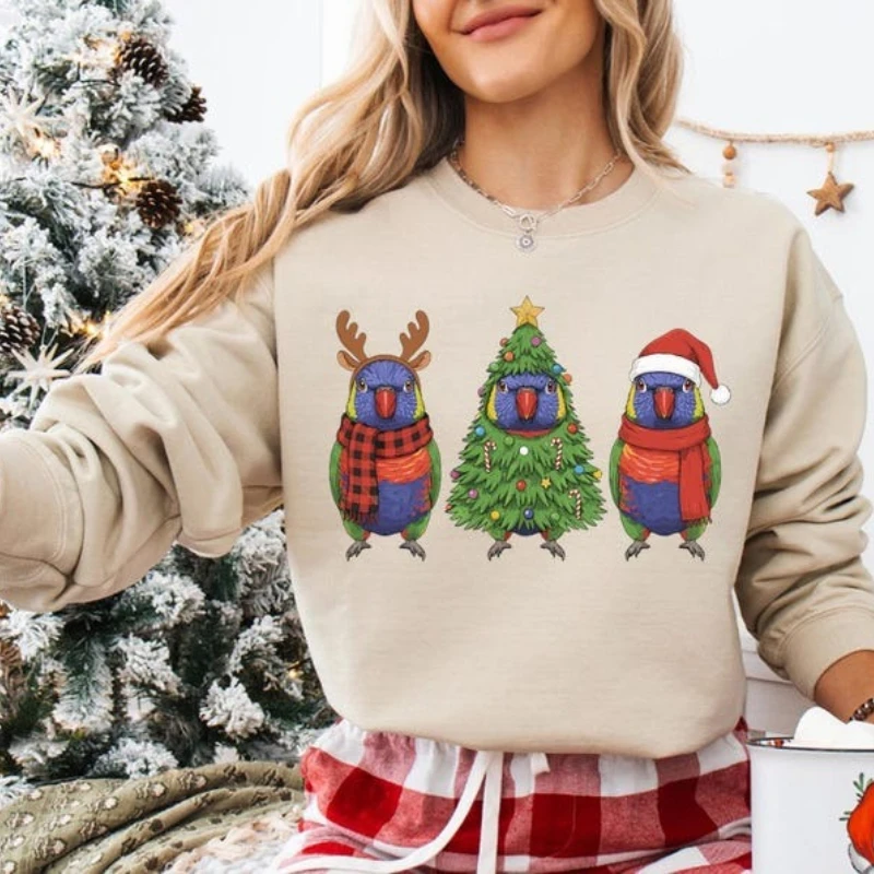 Felpa arcobaleno Lorikeet Natale autunno e inverno Felpa con cappuccio natalizia con uccello di Babbo Natale Regali di pappagalli carini Felpe con cappuccio abbinate a maniche lunghe