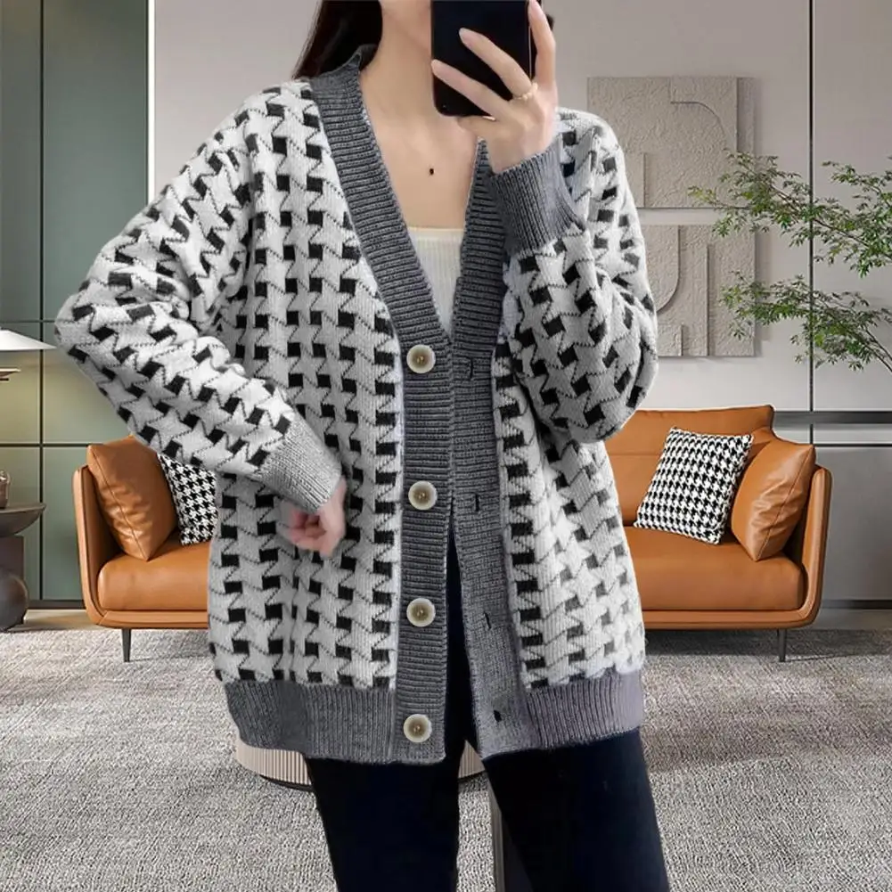 

Women Fall Winter Sweater Cardigan Knitted Thick Single-breasted Plaid Color Matching V Neck Long Sleeve Cold-resistant Coat