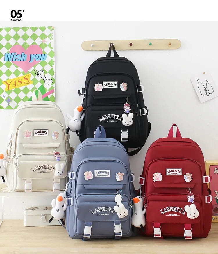 5-teiliges Set mit kostenlosen Anhängern im Waldstil, koreanische Version, lässiger Harajuku-Studentenrucksack für Mädchen mit großer Kapazität – Detail 3