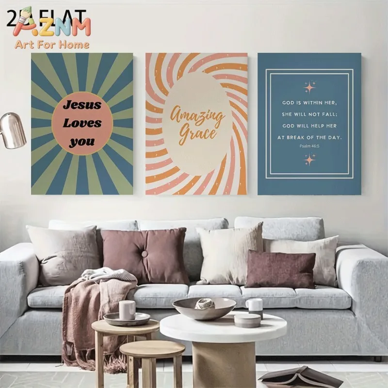 Unframed 3PCS Retro Christian Bible Quote Canvas Wall Art Jesus Loves You Amazing Grace Sunburst Swirl Print Poster Home Living