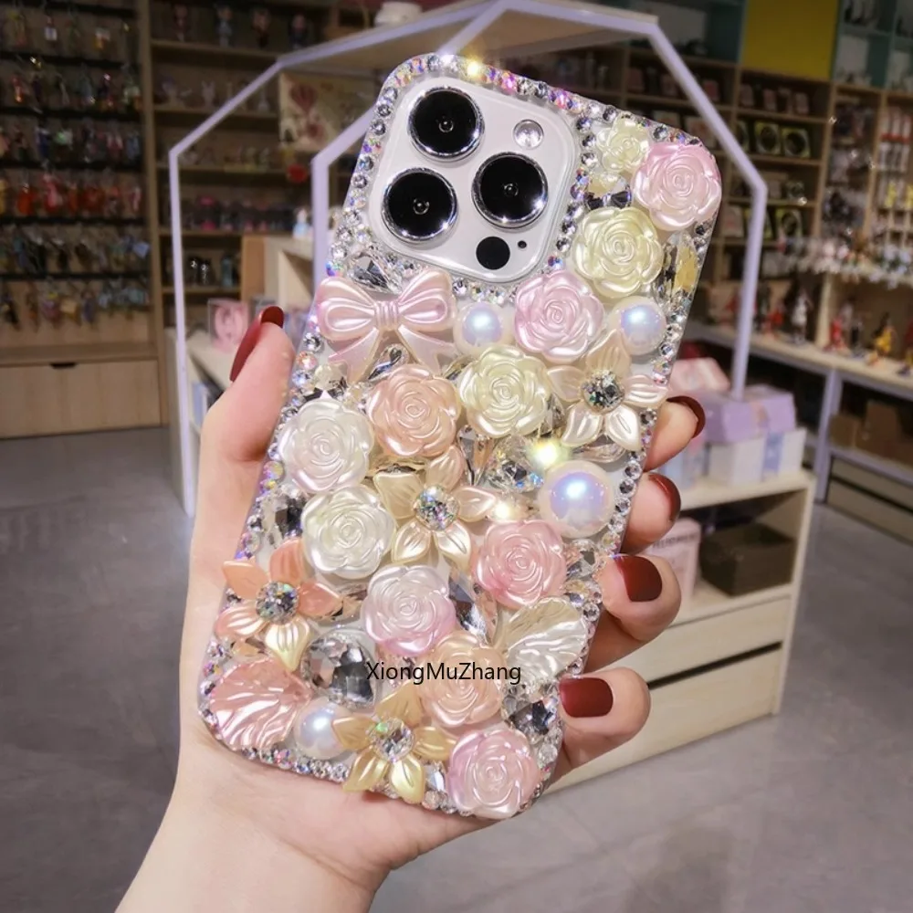 

Luxury Flower Bow Pearl Rhinestone Custom Case for Iphone 15 Plus 13 Pro 14 Pro Max 12 Mini 11 Pro Max 7 8 XX Max Diamond Cover