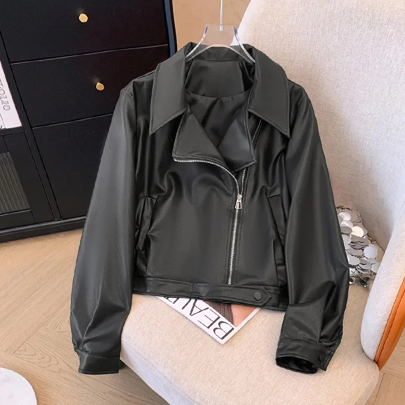 Schwarze pu Lederjacke Damen Frühling Herbst neue weibliche schlanke Revers Motorrad jacken Top Damen kurze Reiß verschluss Outwear