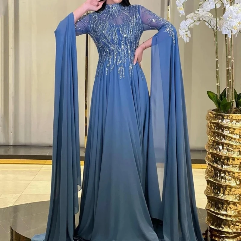 Customized Women Evening Dresses Long Sleeve High Neck Sequined A Line Boho Chiffon Formal Occasion Prom Dress Wedding Party