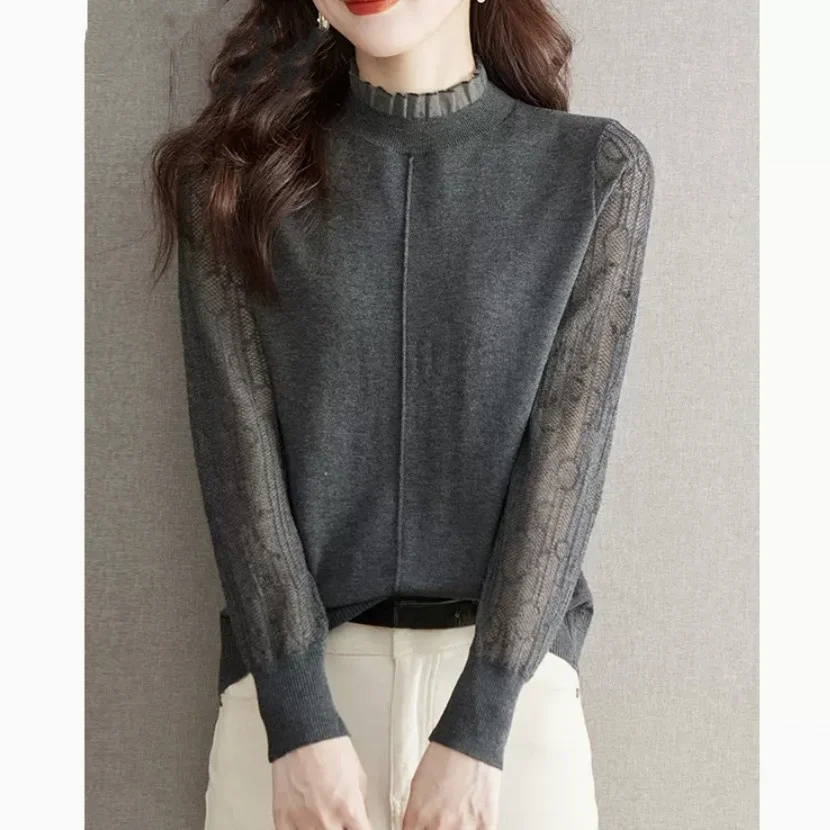 アウトレット 秋冬 ニット レース ベース irt f ハイカラー トップ レイヤード服 韓国風 スリ ルーズフィット ロングスリーブ