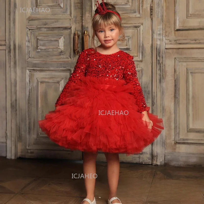 

Party Dress Children Girls Christmas Sequin Long Sleeve Tulle Ball Gown Birthday Pageant Flower Girl Kids Holiday Formal Dresses