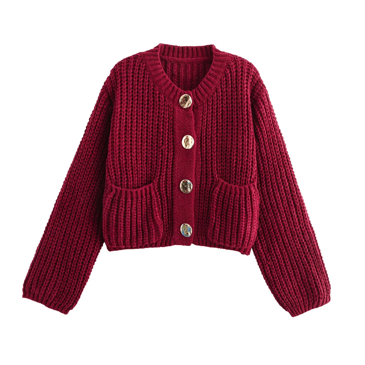 Autumn Women's Casual Solid Color Front Button Knitted Sweater Fall Golden Button Up Crop Cardigan Thick Cardigan With Pockets