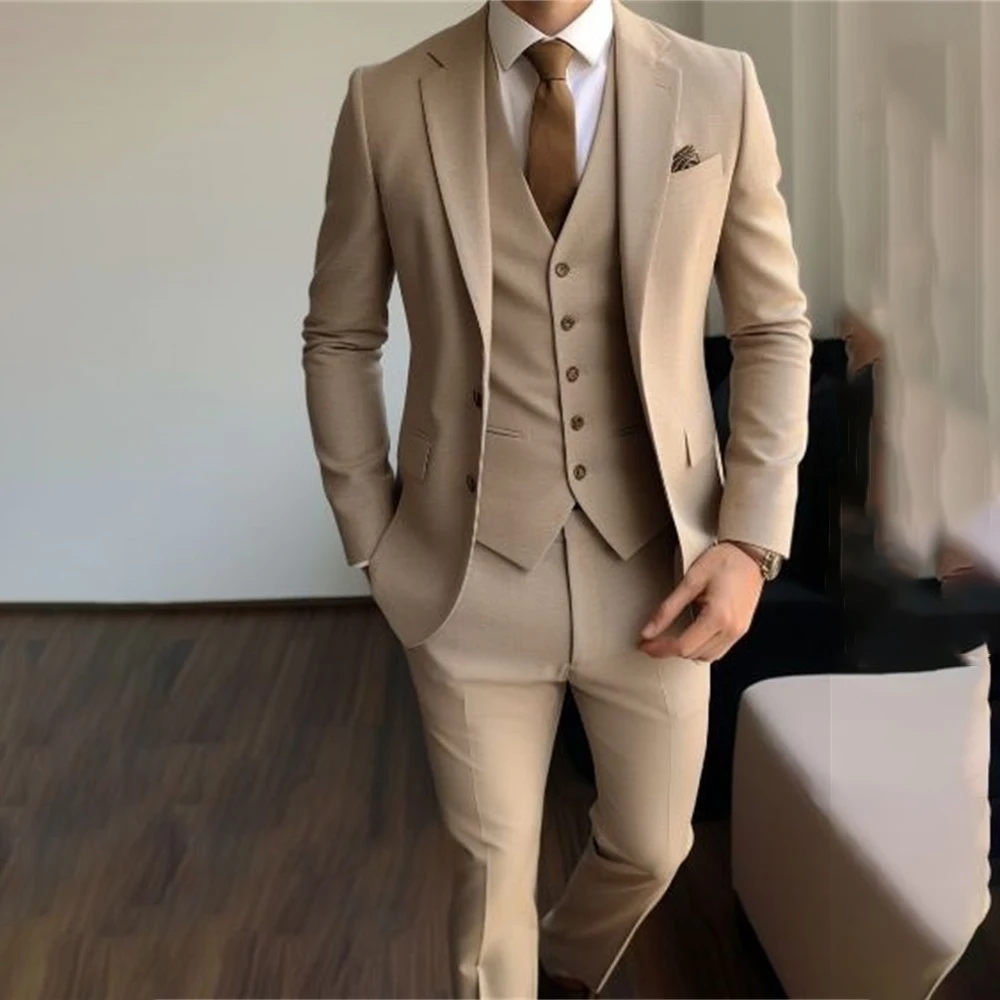 Fashion Beige Suits Mens Peak Lapel Bussiness Blazer Wedding Groom Tuxedo 3 Piece Daily Slim Fit Jacket Vest Pants Costume Homme