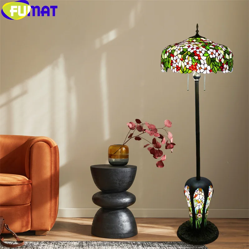 FUMAT Tiffany style stained glass 20 inch green grape retro floor lamp for warm bedroom study hotel living room lamp LED decor