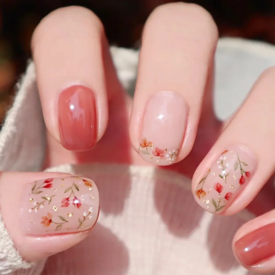 24Pcs Pink Fake Nails Flower Printed Short Square Press on Nails Sweet Wearable False Nails Tips for Women Girls DIY Manicure image 6