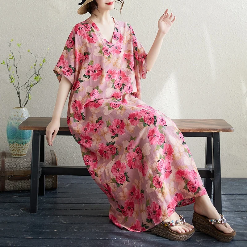 Summer V-ne Long Cotton Linen Loose Large Size Beach Skirt Meat Concealing n Holiday Sle Dr Casual Commute Sle