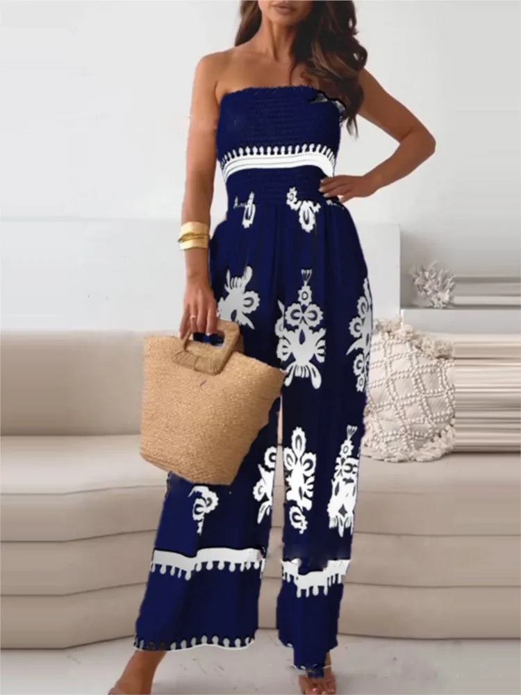 Fashion Print Jumpsuit Lady Sexy Sleeveless Off Shoulder High Waist Wide Leg Pants Jumpsuits For Women Summer Women Clothes New