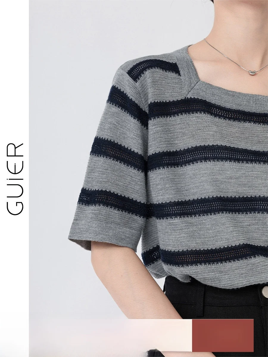 

Guer Wool Blend High Elastici Cool Silk Lightweight Oxygen Air Conditioning Stripe Knitted ort Sve Women's Collar Top
