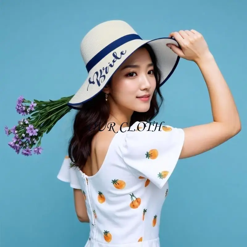 Einzigartiger Brautschauhut mit großer Krempe, sonnenfester Strohhut für Hochzeitsfeiern und Junggesellenabschiede, Y1AC