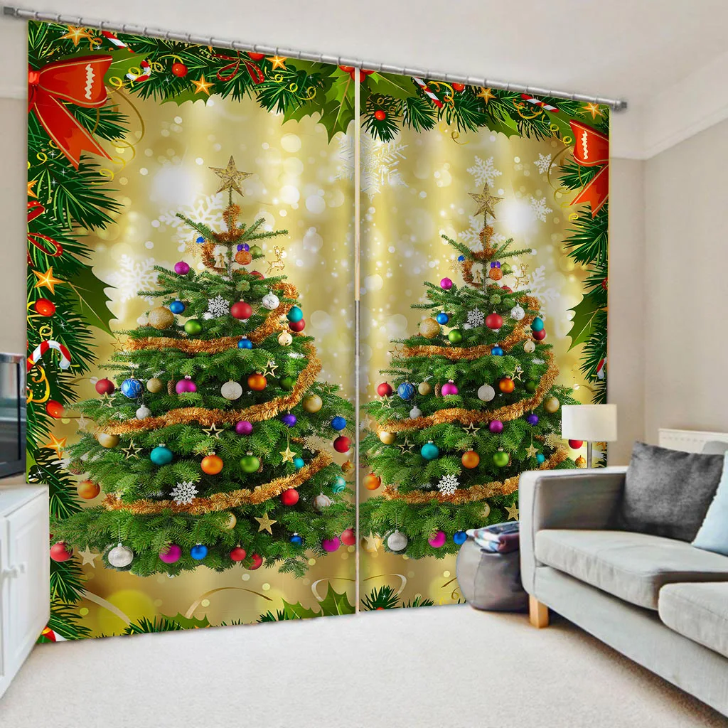 Cartoon Christmas Happy New Year Star Red Ball Window Curtains Blinds for Living Room Bedroom Kitchen Door Home Decor 2 Panels