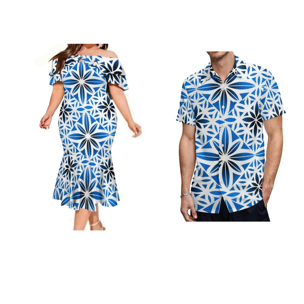 Polynesian Tribal Peoples Design Dress Shirts For Women One-Line Shoulder Drop Neck Lotus Neck Men'S Shirts With Matching Outfit