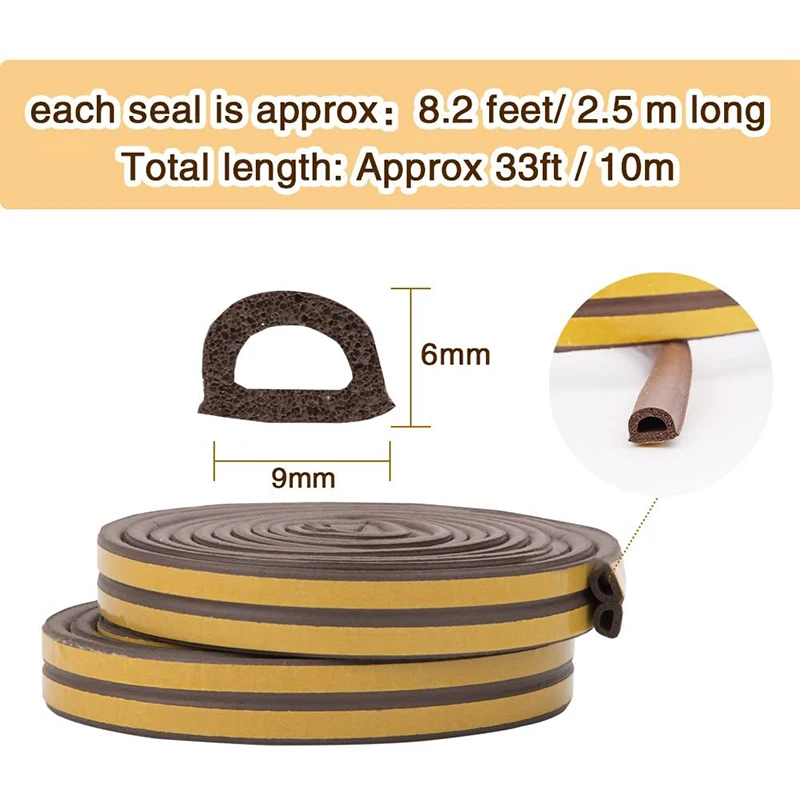 2 Roll EVA Seal Weather Strip Foam Tape D Type 10M Doors Windows Draught Excluder Anti-Collision Seal Strips