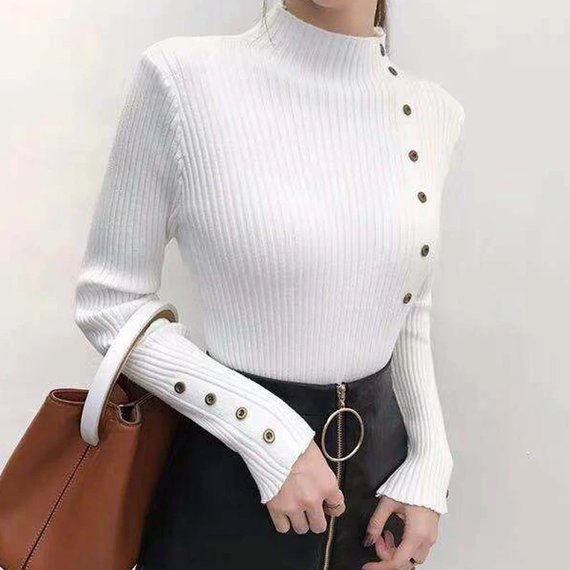 

2023 Autumn Fashion Buttons Women Sweater Knitted Pullover Turtleneck Solid Soft Warm Women Jumper Elegant Knitwears Tops 29160