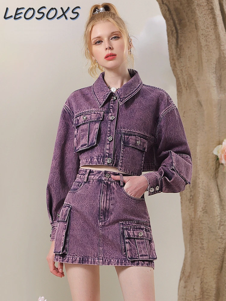 

Fashion Design Clothes High Waist Work Jacket Mini Skirts Two Pieces Sets Retro Purple Denim Suit Skirt Women Top and Skirt Set