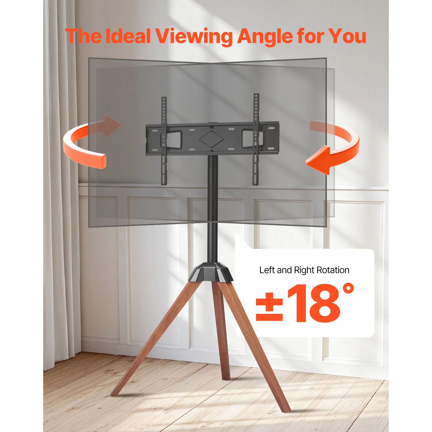 Tripod TV stand with wooden legs, 99 lb load capacity, suitable for 40-65 inch screens, ideal for living rooms. view 3