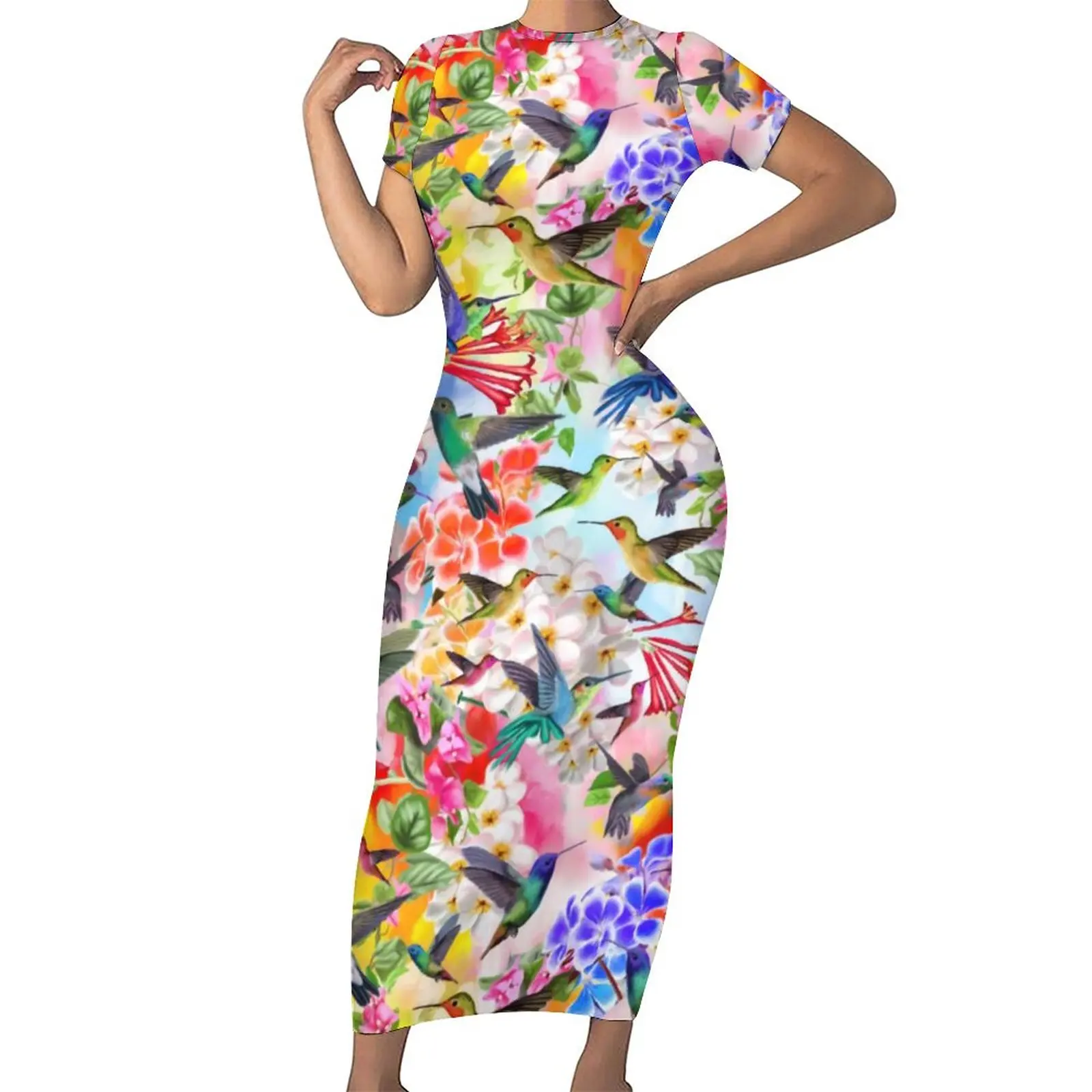 Kleurrijke Bloemenprint Jurk Korte Mouw Kolibries Kawaii Maxi Jurken Lente Streetwear Grafische Bodycon Dress Big Size 5XL