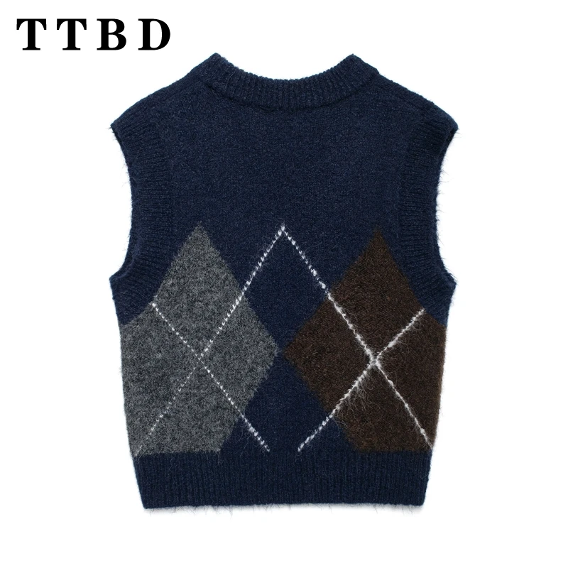 TTBD 2024 New Autumn Women Clothing Casual V-Collar Knit Sweater Gilet Top Woman's Vintage Plaid Sleeveless Jumper Vest