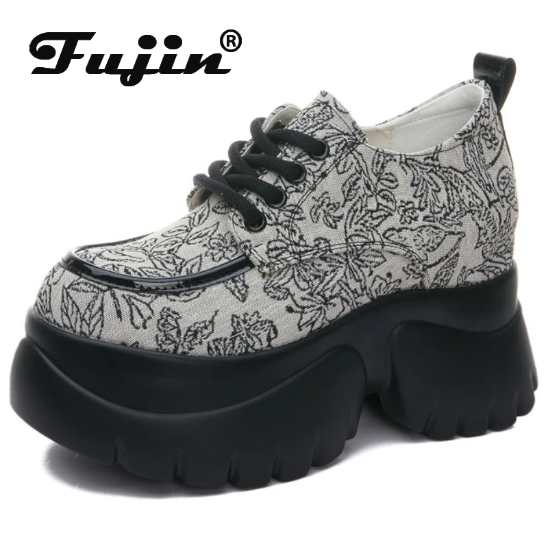 

Fujin 10cm New Denim Stretch Fabric Leather Casual High Brand Spring Autumn Platform Wedge Fashion Shoes Chunky Sneakers Shoes