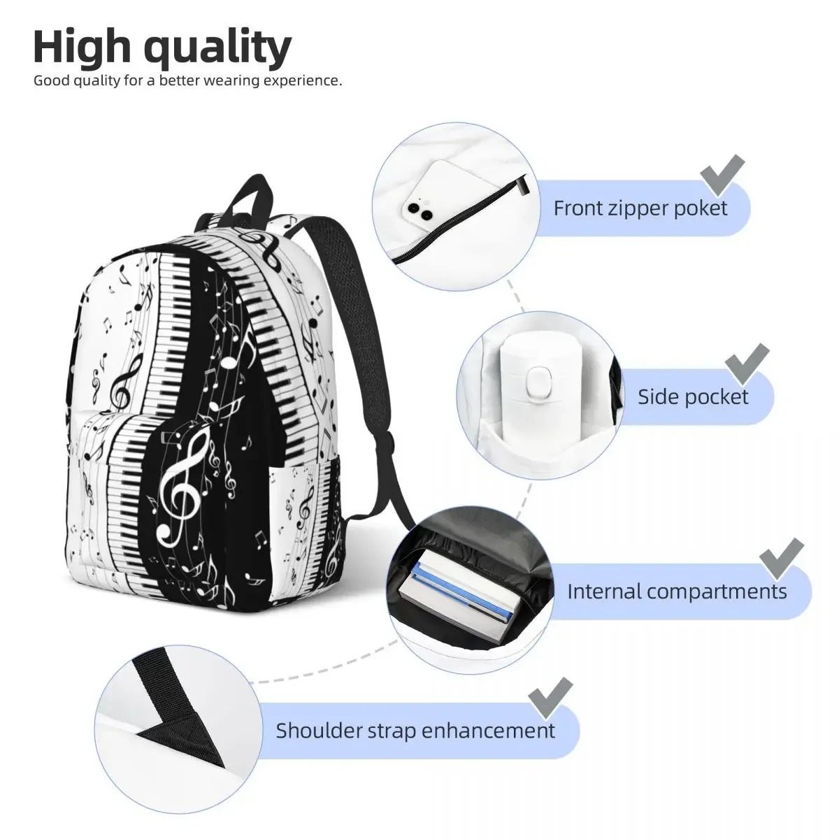 Aesthetic Piano Bag Musical Notes Backpack Unisex School Student Pianos Music Pianist Book Bags Boy Girl Canvas Daypack Gift