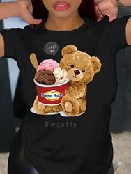 Sweetly Bear Print T-shirt Short Sleeve Crew Neck Casual Top For Summer & Spring Women's Clothing T Shirt Female Tops Streetwear