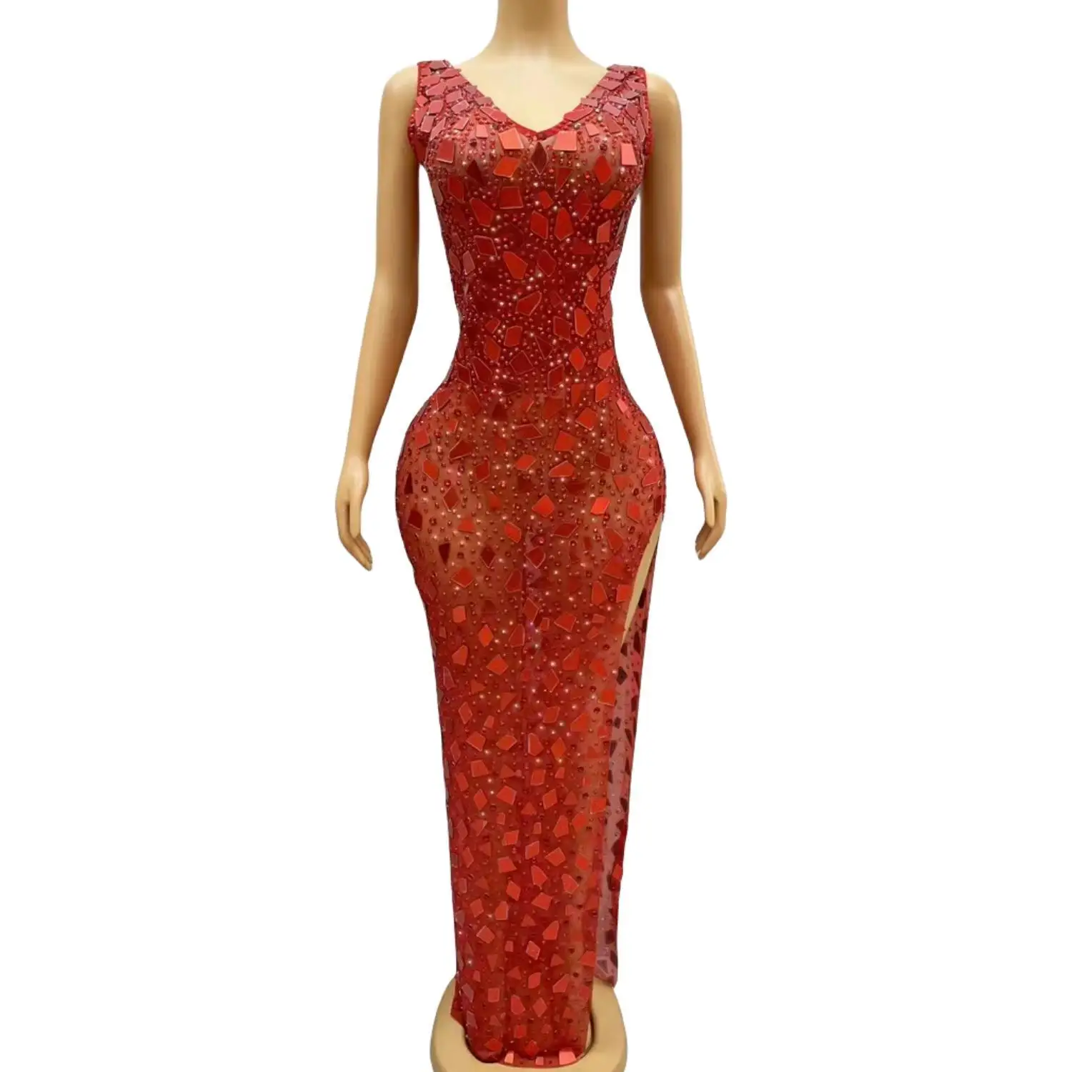 

Shining Red Sequin Mirrors Spandex Mesh Party Long Dress Women Evening Celebration Dress Singer Stage Costumes Evening Dress