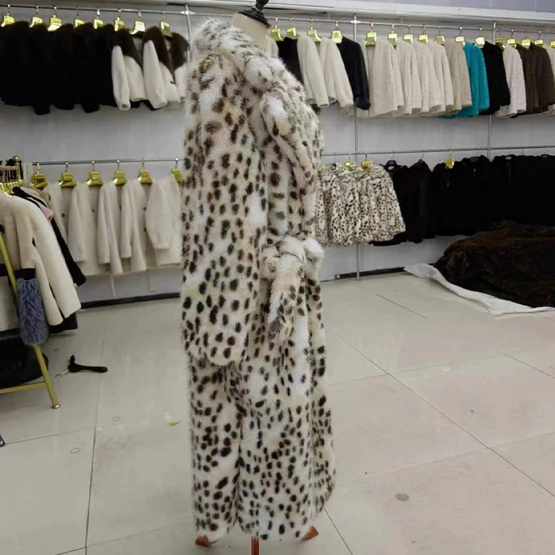 Winter 2024 New Long Belted Leopard Faux Fox Fur Long Coat Women Overcoats Ladies Stylish Street Fashion Fluffy Fox Fur Jacket