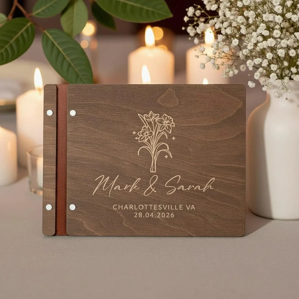 Livre d'or de mariage personnalisé en bois, pages épaisses, album de souvenirs pour invités, cadeau pour fête, anniversaire, ou enterrement de vie de jeune fille