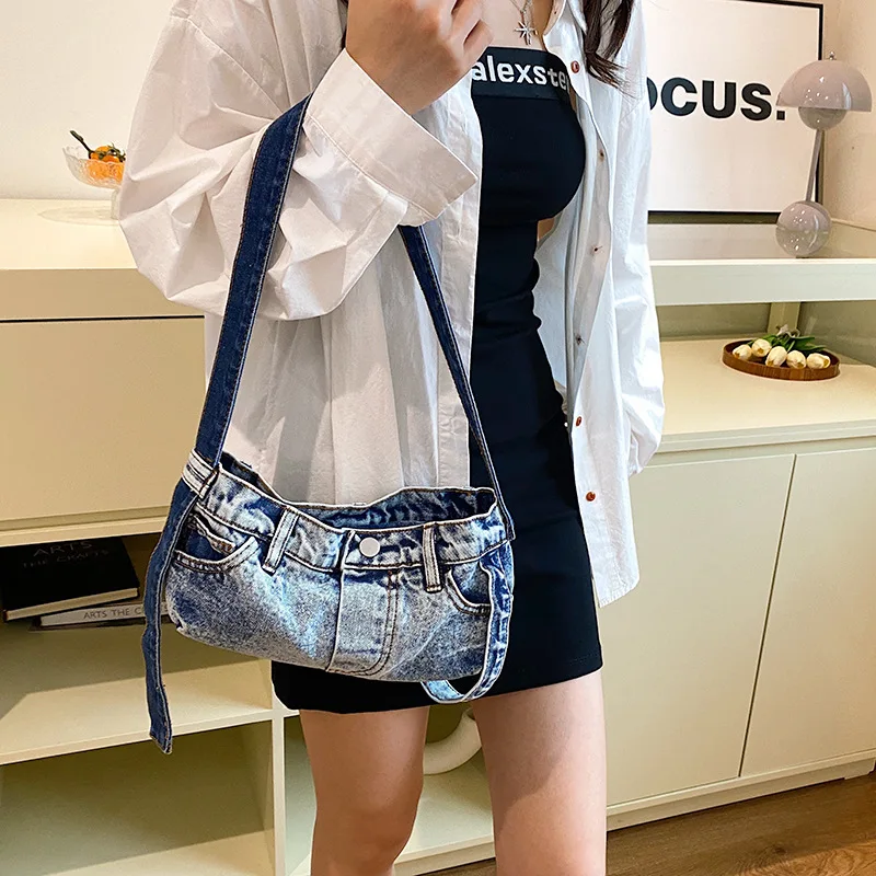 Funny Jeans Design Women Shoulder Bag Fashion Denim Pants Handbags Canvas Wide Strap Crossbody Bags for Women Square Flap Tote