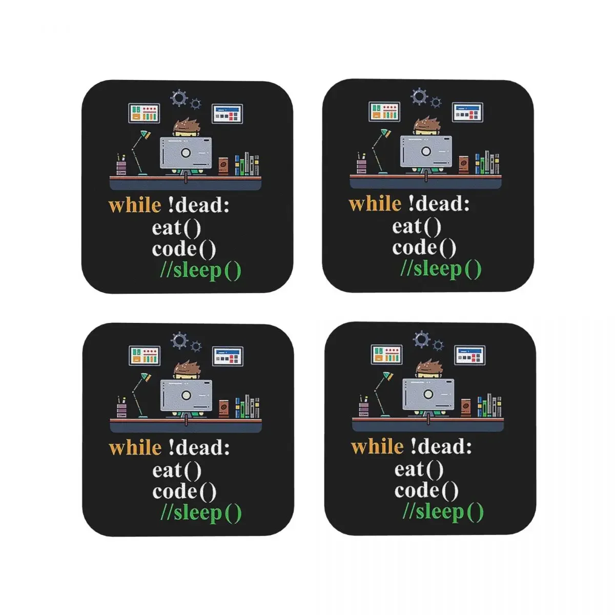 While !Dead Code Eat Sleep - Programming Jokes Coasters Kitchen Placemats Cup Coffee Mats For Decor Home Tableware Pads Set of 4