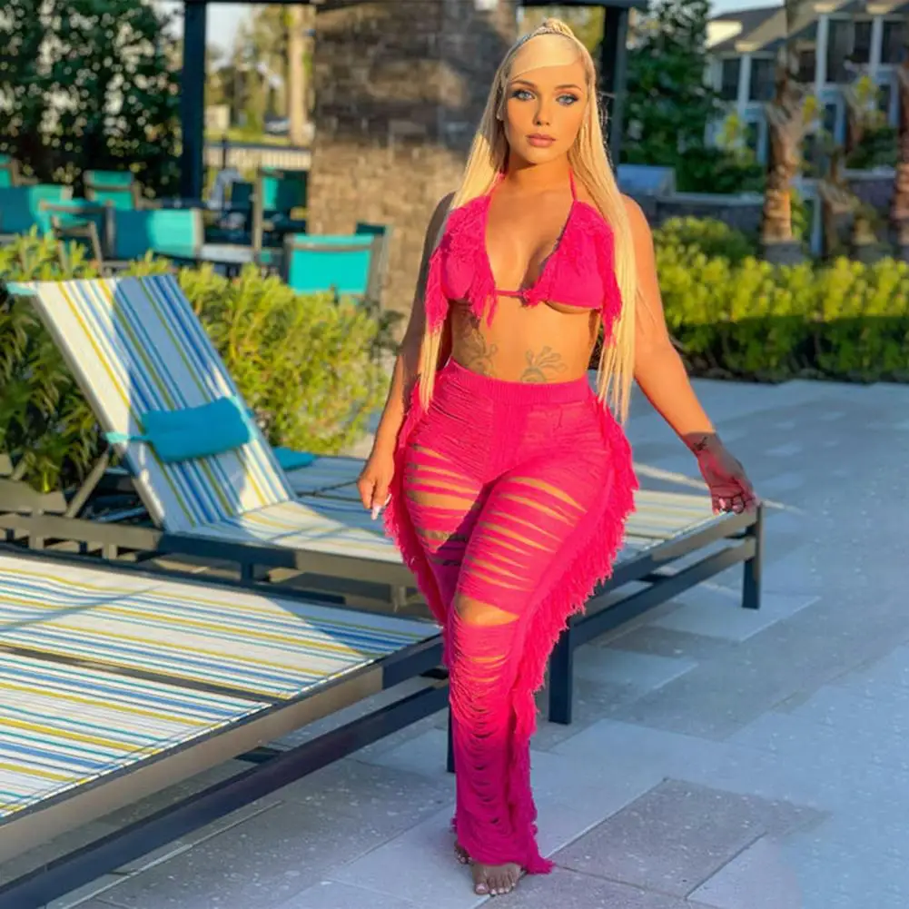 

Женский укороченный топ, брюки, комплект с кисточками, ажурный бюстгальтер на шнуровке с лямкой на шее, пляжный отдых, рваные вязаные полые брюки