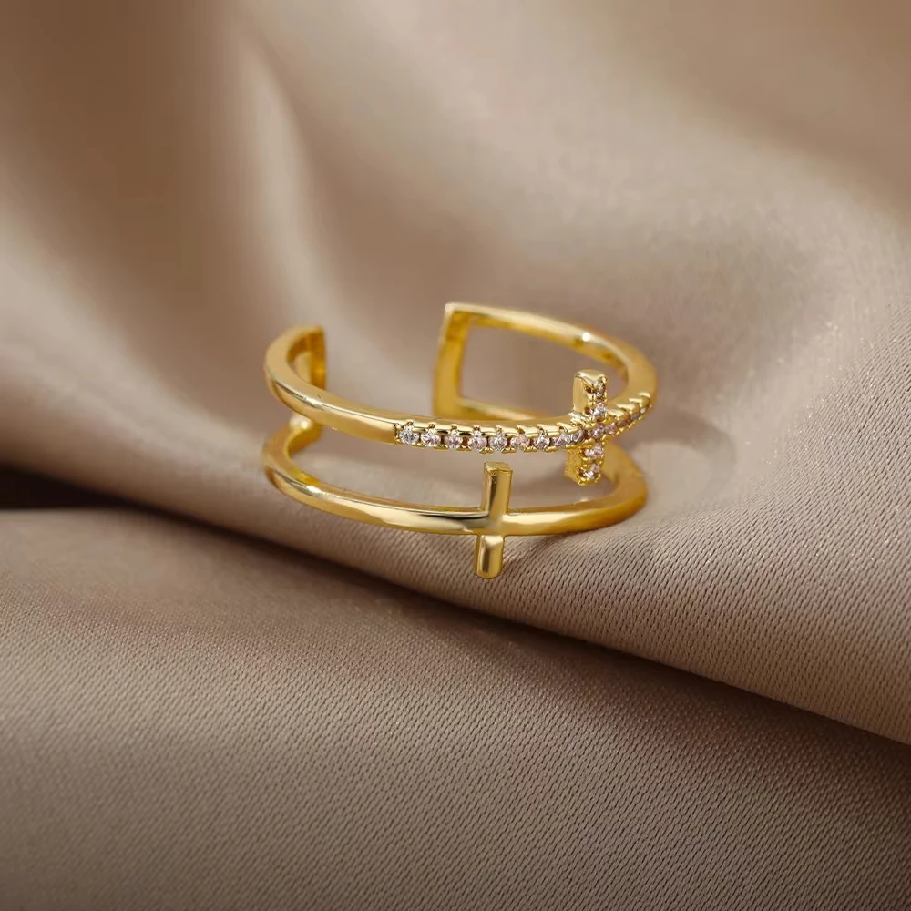 Luxus Zirkon Geometrische Ringe Für Frauen Edelstahl Gold Farbe Offenen Ring Trendy Hochzeit Party Ästhetischen Jewerly Geschenk Femme