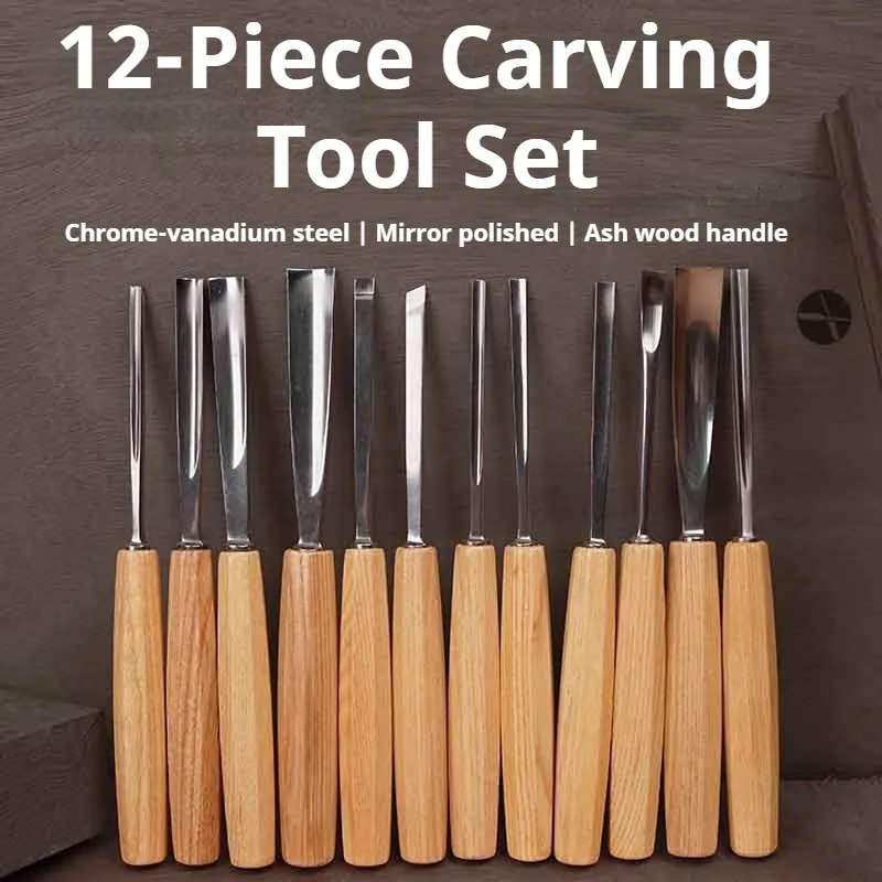 12-Piece Wood Carving Chisel Set Chrome Vanadium Steel Mirror Polished Tool Professional DIY Hand Carving Craft Woodworking Tool