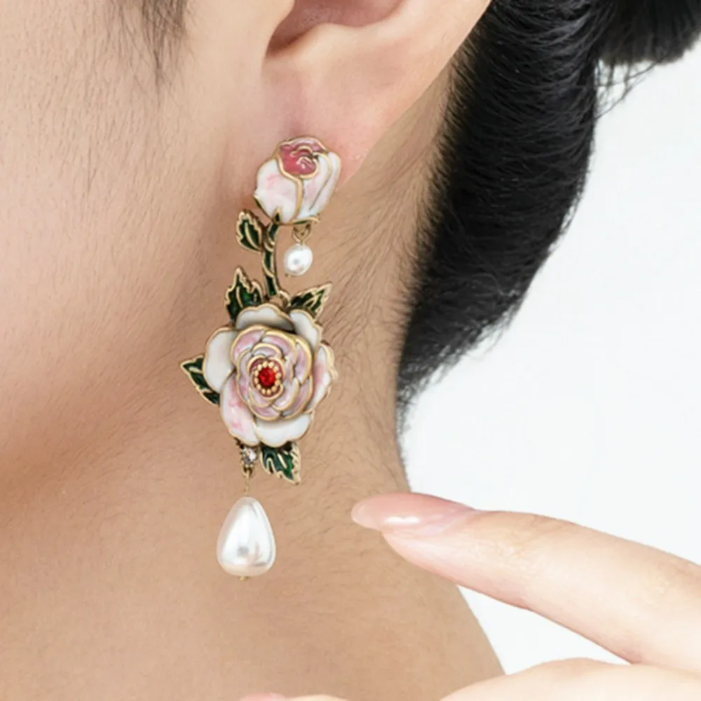 

New Medieval Vintage Fashion Enamel Glaze White Peony Flower Water Drop Acrylic Pearl Tassel Drop Earrings Retro Sweet Earrings