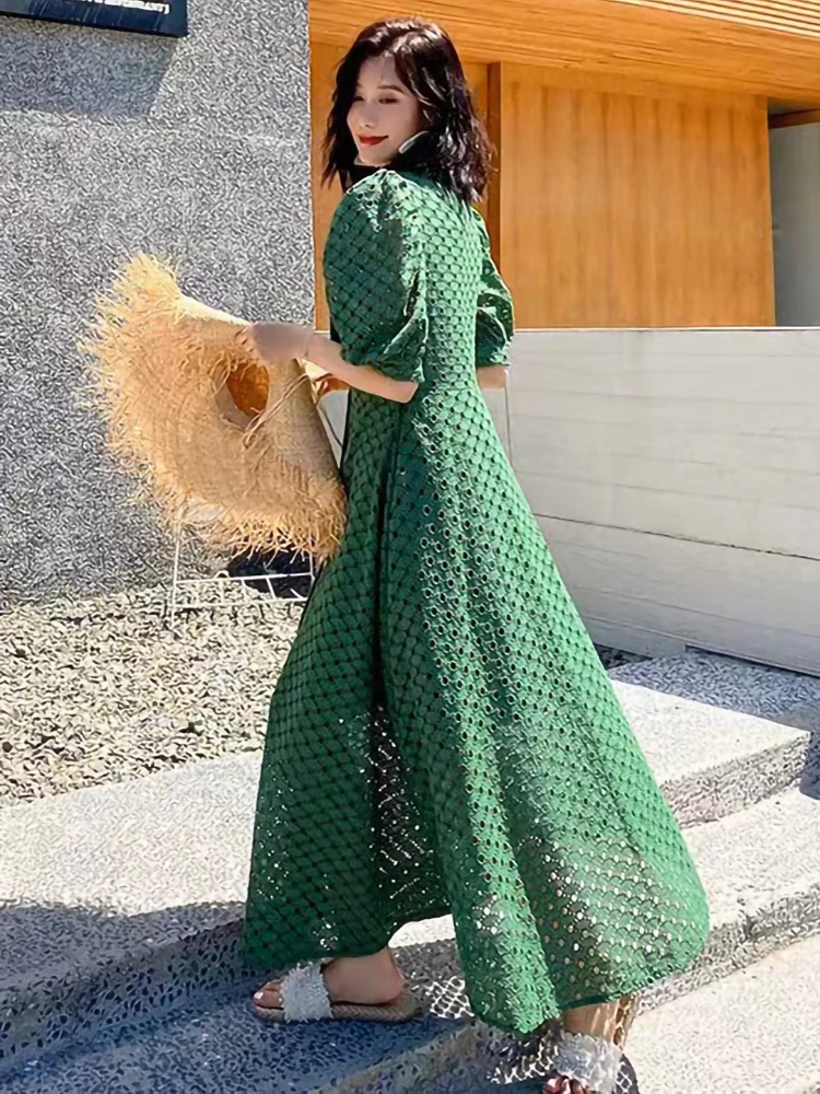 

Summer New Fashion Hollow Embroidery V-neck Slim Dress Women High Quality Elegant Fasion Casual Female Robe Puff Sleeve Skirt