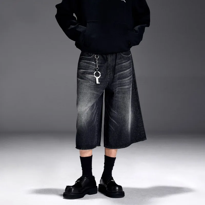 

American Wide-leg 7/8 Jeans Summer Retro Washed and Aged Straight Denim Mid-length Pants Men's Shorts Fashionable and Individual