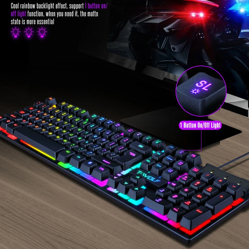 T-WOLF New Keyboard Mouse Kit TF200 Office USB Wired Luminous Keyboard and Mouse Set  Russian Keyboard