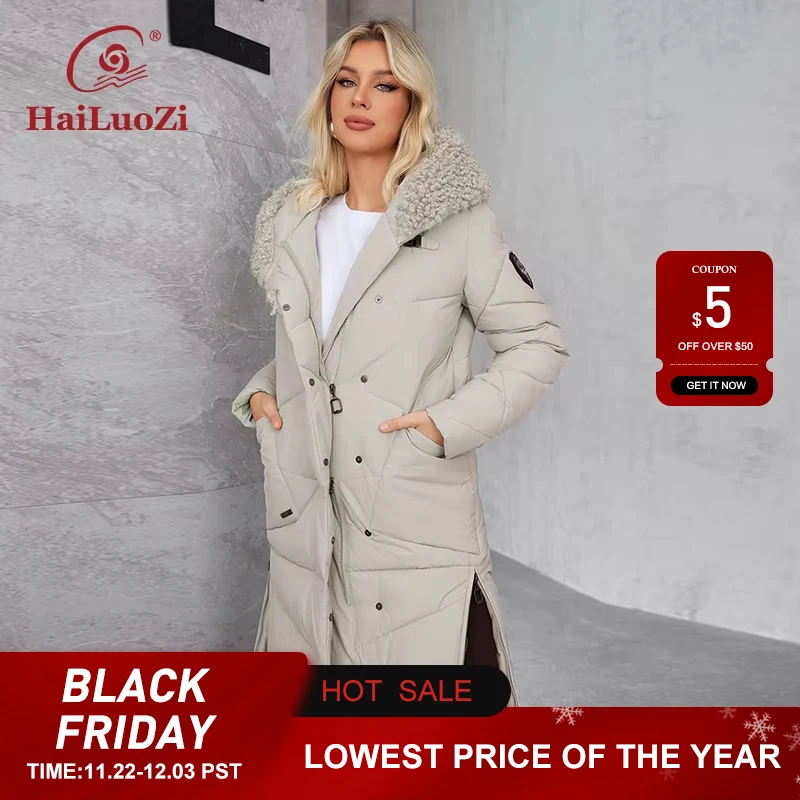 Hailuozi 2024 New Winter Women's winter jacket with large pocket hooded sheepskin classic fashion women's coat 51