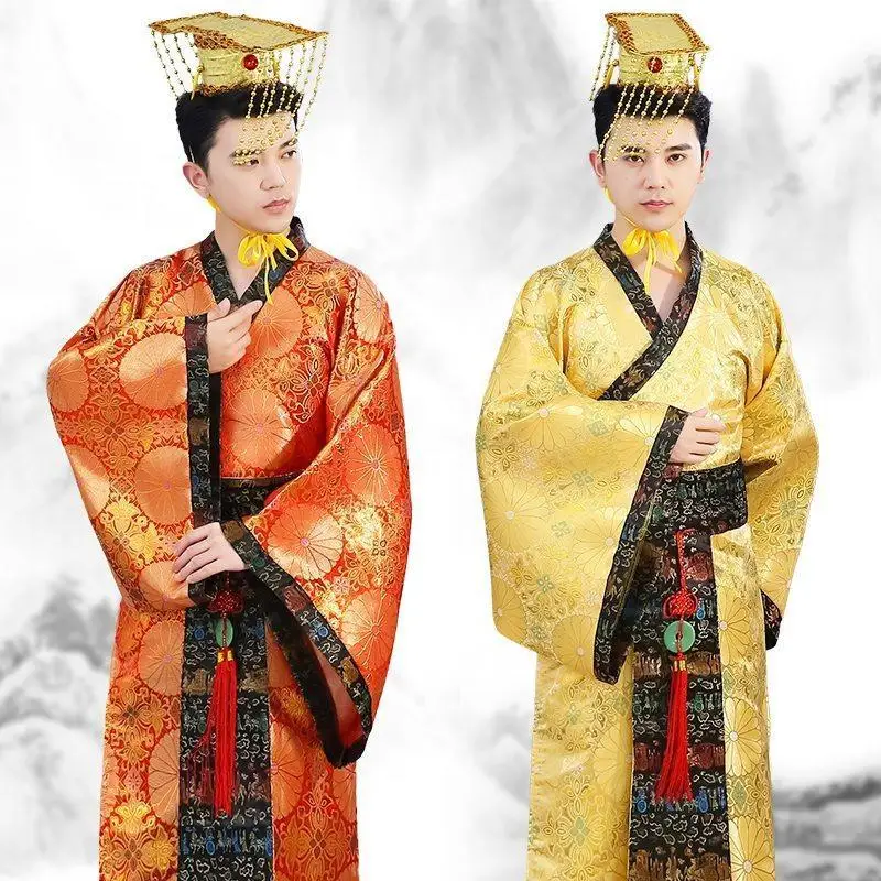 Chinese Traditional Yellow Red Hanfu Dress Suit for Men Ancient Cosplay Emperor Prince Dragon Robe Stage Performance Costumes