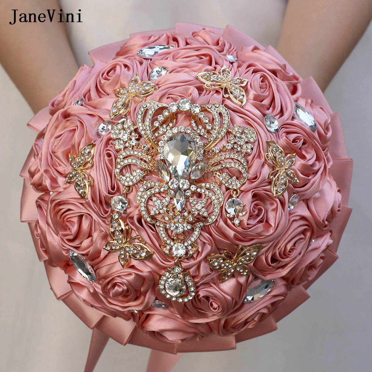 

JaneVini Luxury Butterfly Rhinestones Bridal Bouquets with Gold Jewelry Artificial Satin Roses Bride Bouquet Flowers for Wedding