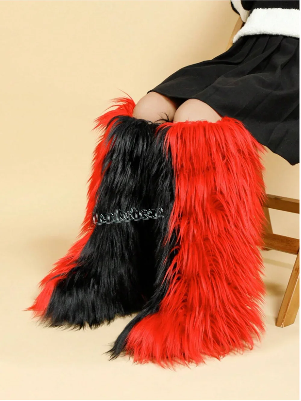 Botas hasta la rodilla con empalme de piel roja y negra para mujer, zapatos planos sin cordones con punta redonda, vestido Sexy de pasarela para fiesta, novedades de 2025