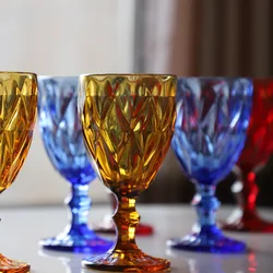 1 Piece 300ml 10oz Vintage Embossed Colored Goblet Wine Glasses Goblets Stemware Glass Cup Table Decor