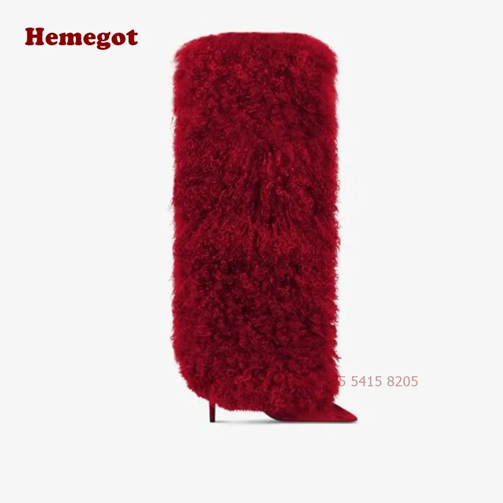 Black Mongolian Fur Stiletto Boots Thin High Heels Plush Fluffy Women\'s Boots Casual Pointy Toe Solid Elegant Runway Shoes Sexy