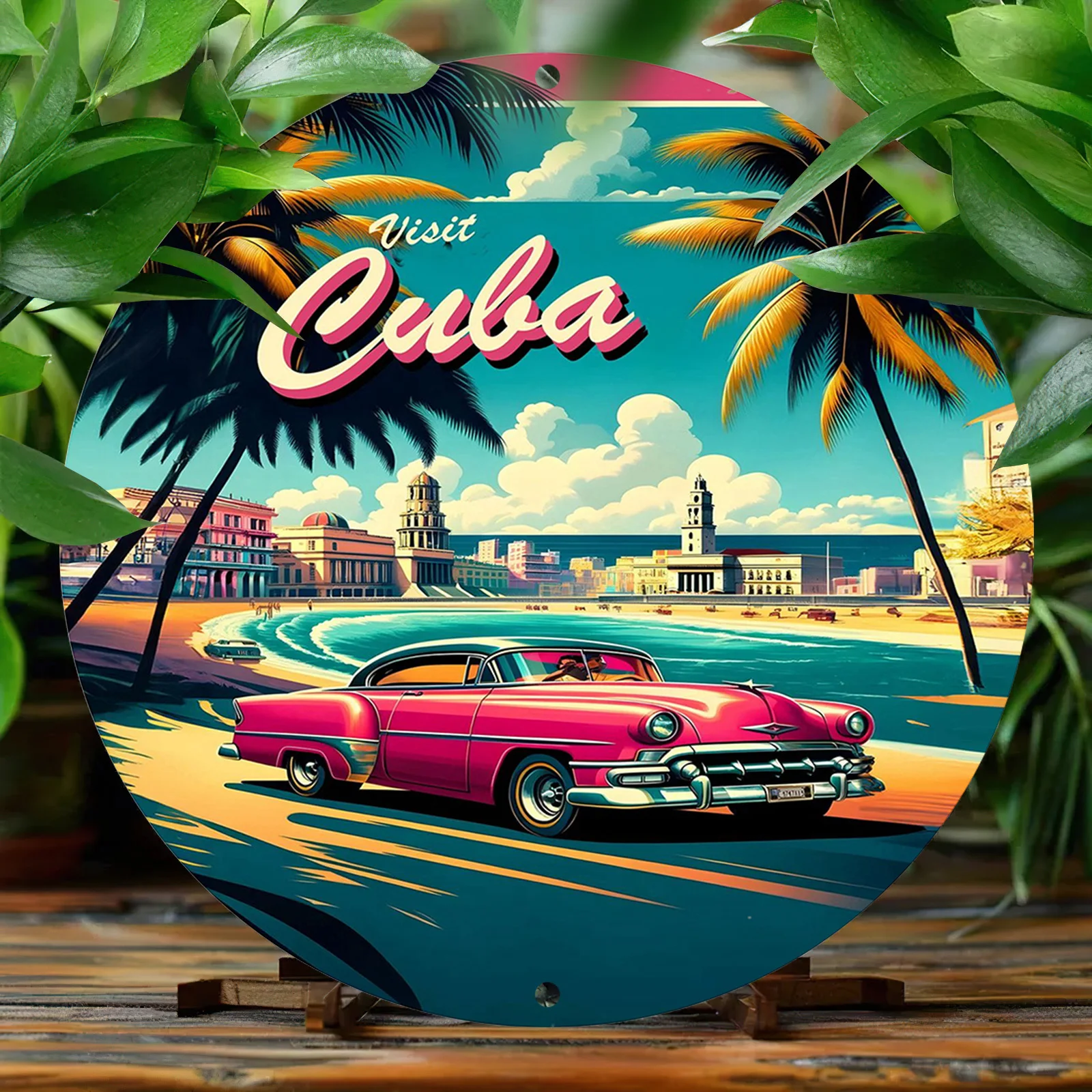 Visit Cuba Vintage Car Aluminum Metal Sign - 8 inch Round Outdoor & Indoor Wall Decor, Tropical Theme Aluminum Wall Art