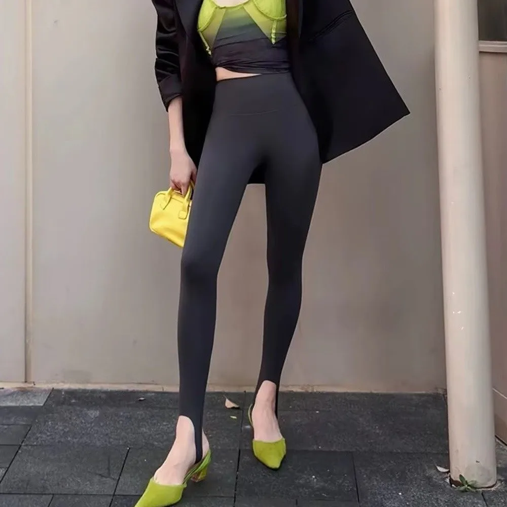 Trendy High Waist Sharkskin Leggings Thin Tight Fit Stirrup Leggings Spring Summer Stretch Long Trousers Spring Summer