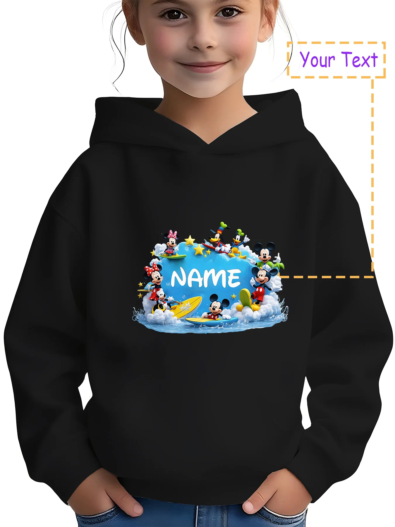

MINISO Disney Surf Party Hoodie - Mickey and Minnie surf theme, perfect for summer travel and beach vacations, customizable name